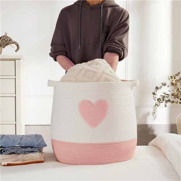Pink Cotton Rope Laundry Hamper Large Woven Storage Basket for Toys Clothes Blan - Picture 4 of 8